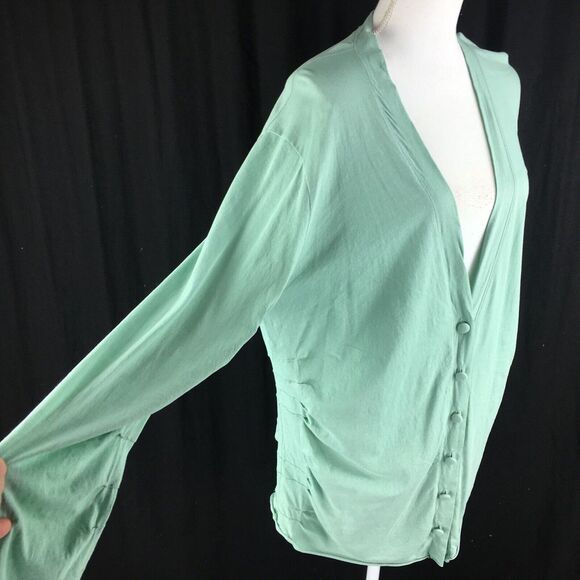 Jarbo Womens Thin Peru Cardigan Sweater Size M 38 Teal Blue Green‎ Tiered Ruched - Picture 6 of 12